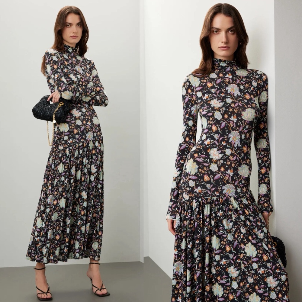 Ulla Johnson Fernanda Nuit Black Floral Long Sleeve Jersey Dress Size L